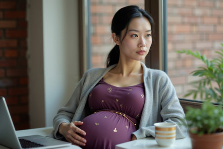 photo of happy pregnant woman working and sitting at her office, generative AIの素材