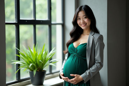 photo of happy pregnant woman standing and posing for picture, generative AIの素材
