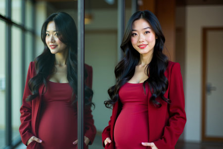 photo of happy pregnant woman standing and posing for picture with mirror and glass wall in background, generative AIの素材