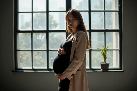 photo of happy pregnant woman standing and posing for picture, generative AIの素材