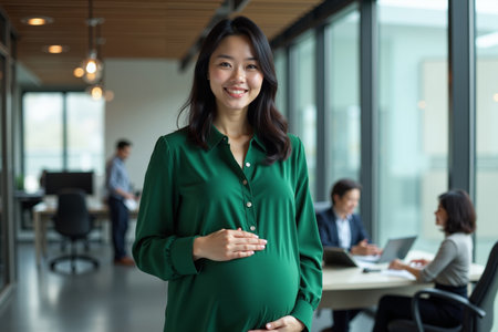 pregnant woman standing and working a her office, generative AIの素材