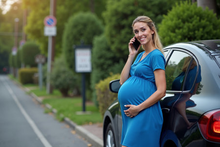 pregnant woman standing and talking with mobile phone beside her car, generative AIの素材