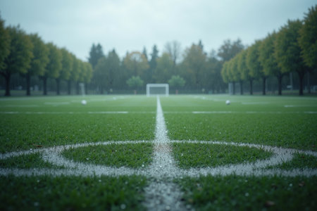soccer field on rainy day with line and trees and a white goalpost in the distance.の素材