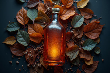 clear glass bottle with a gold cap surrounded by red and orange autumn leaves on a dark backgroundの素材