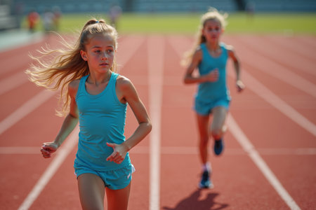 blonde athletic young girl in a blue tank top and shorts running on a track background features blurred stadium seating and a green fieldの素材
