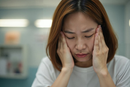 young Asian woman with shoulder-length brown hair, wearing a white top. She is touching her face, eyes closed, appearing in pain or discomfort. The background is blurred, suggesting an indoor setting. The lighting is soft, and the overall mood is somber.の素材
