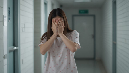 Asian woman with long brown hair, wearing a gray shirt, cover her head in a hallway, looking distressedの素材