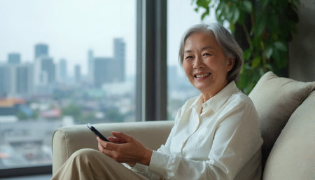 An elderly Asian woman with short, gray hair, wearing a beige sweater, sits on a white couch, holding a tabletの素材