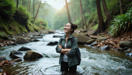 A woman with a medium build and dark hair stands in a river, arms crossed, wearing a green jacketの素材