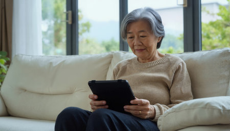 An elderly Asian woman with short, gray hair, wearing a beige sweater, sits on a white couch, holding a tabletの素材