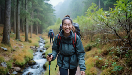A smiling Asian woman in a green jacket and backpack, hiking with a backpack in a lush forestの素材