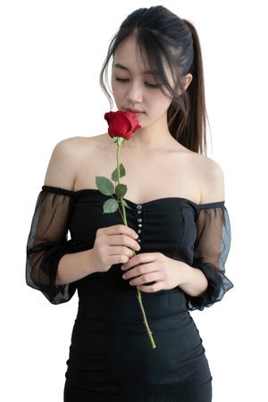 Asian woman with long hair, holding a red rose, wearing a black off-the-shoulder dress, against a white background.の素材