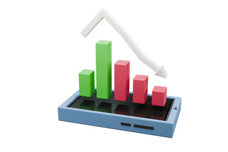 3d render icon design of mobile phone and stock market candlestickの写真素材