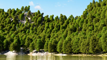 3d render of lake and forest hillの写真素材