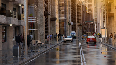 3d render of lively city with people car and tower buildingの写真素材