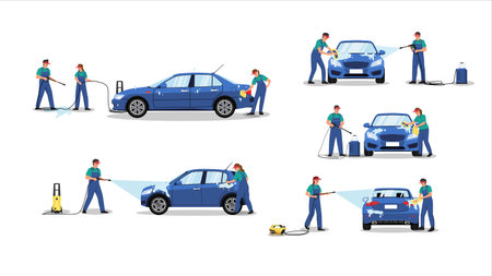 flat vector of workers washing and taking care of car at car wash serviceのイラスト素材