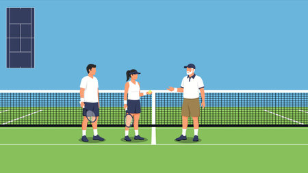 flat vector of tennis player with racket practice training and coach at tennis courtのイラスト素材