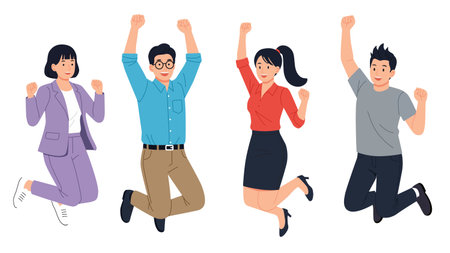 flat vector of character office people celebrate happy jumping in the airのイラスト素材