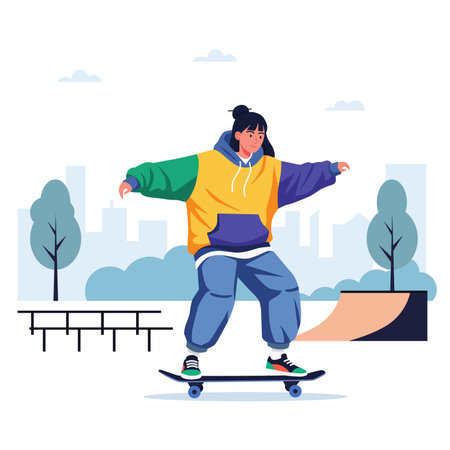 flat vector of character woman play skating skateboard at ramp parkのイラスト素材