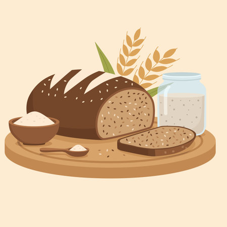abstract flat fresh and healthy whole grain sourdough loaf, sliced with a bowl of flour, and spoon,...