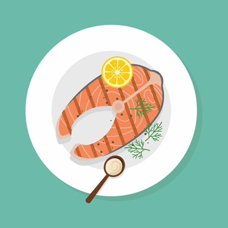 flat color of grilled salmon with lemon and dillのイラスト素材