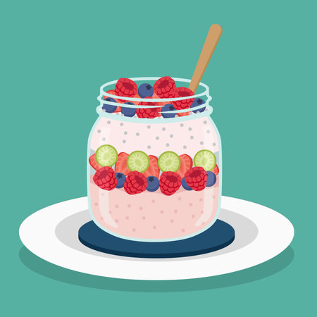 flat color of chia seed pudding in glass jar with fresh fruit like raspberries blueberries strawberry and kiwiのイラスト素材