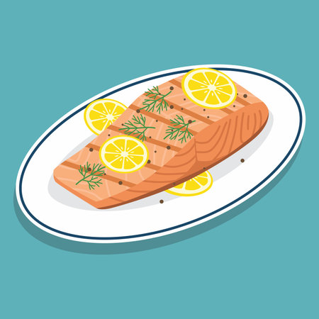 flat color of grilled salmon with lemon and dillのイラスト素材