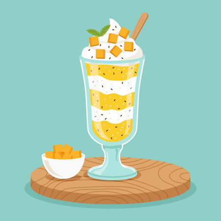 flat color of refreshing mango and coconut layered dessert with chia seeds puddingのイラスト素材