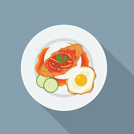 flat color of Spicy fried chicken and white rice covered in a bold chili sauce with slices of chili peppers and spicy ingredients. Served with a fried egg. Asian foodのイラスト素材