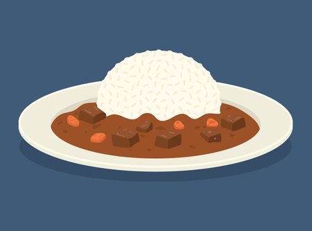 Japanese curry rice kare raisu illustration with white rice, rich brown sauce and chunks of meat and vegetablesのイラスト素材
