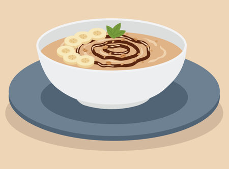 bowl of oatmeal topped with sliced bananas chocolate sauce nuts and a mint lea.のイラスト素材