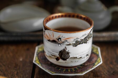 Ceramic glazed cup for a traditional tea ceremony. Hand painted cup. Chinese pottery.の写真素材