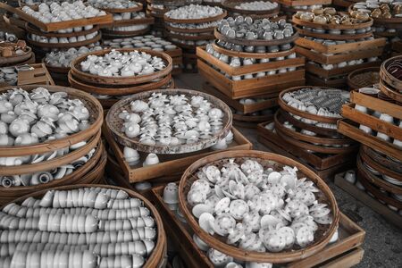 Jingdezhen porcelain. Bamboo baskets with tea ware.の写真素材