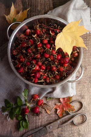 Flatlay with fresh rosehips in kitchen stainless steel calender on wooden table with yellow autumn leavesの写真素材