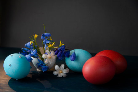 Easter still life with blue and red eggs, blue and white spring flowers on the dark backgroundの写真素材