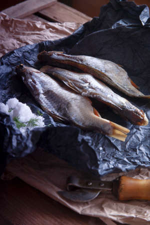 Dried vobla fish on the marketの写真素材