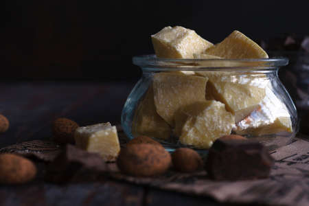 Cocao butter in glass jar.の写真素材