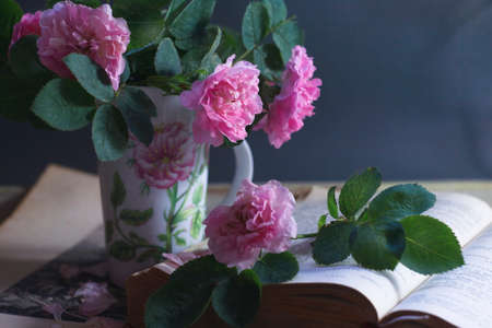 An old book with a bouquet of ancient pink roses in a vintage cup, summer reading conceptの写真素材