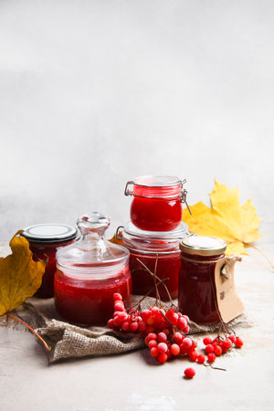 Viburnum berries juice in glass jars with ripe red viburnum berries and yellow leaves on white background, autumn preserves concept.の写真素材