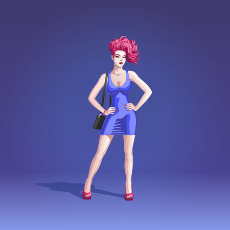 Pretty woman in a blue latex dressのイラスト素材