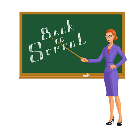 Back to school. School teacher standing near the blackboard and holding the pointer in hand. Vector illustration.のイラスト素材
