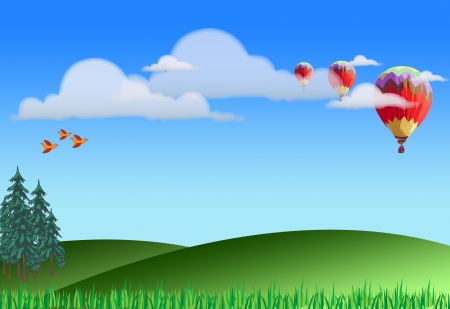 Illustration of green landscape with hot air balloons, clouds and birdsの写真素材