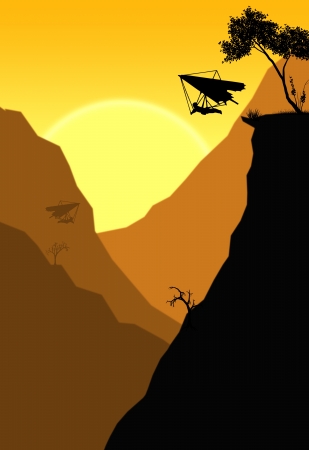 Illustration of a hang glider jumps off a cliff in a canyon at sunsetの写真素材