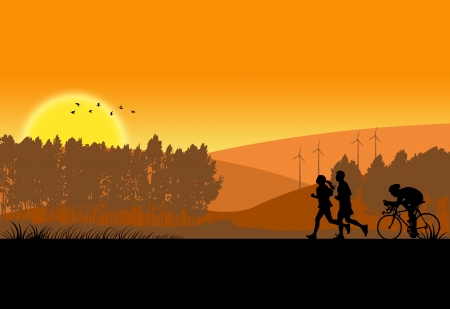 Illustration of a rural background with silhouette of couple jogging and a cyclistの写真素材