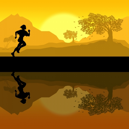 Illustration of a women in silhouette jogging by the countryside at sunsetの写真素材