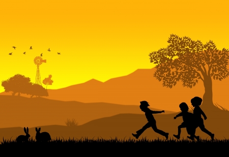 Illustration of a rural landscape background with silhouette of kids playing and rabbitsの写真素材