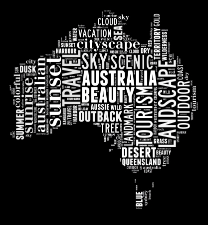 Australia map info-text and graphic arrangement concept on black background  word cloud の写真素材