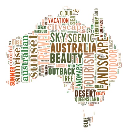 Australia map info-text and graphic arrangement concept on white background  word cloud の写真素材