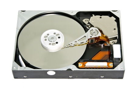 Harddisk drive  HDD  with top cover open isolated on white backgroundの写真素材