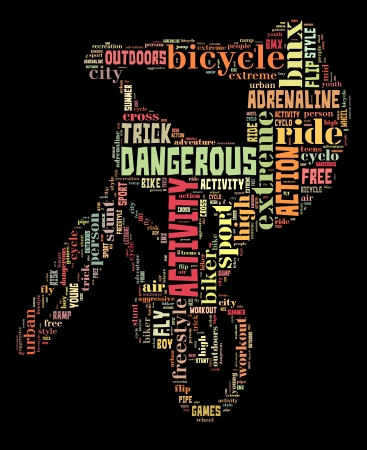 BMX info-text graphic and arrangement composed in BMX cyclist shape concept on black backgroundの写真素材